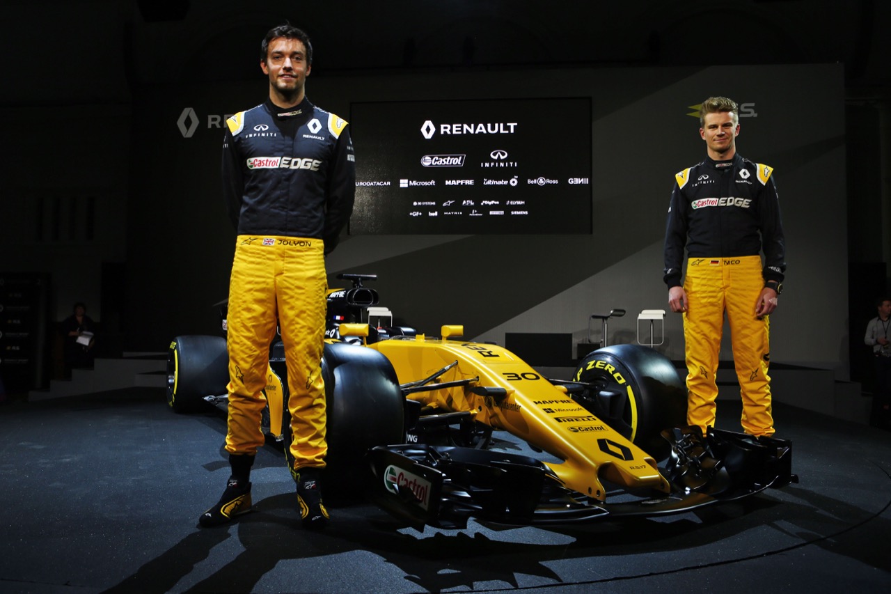 (L to R): Jolyon Palmer (GBR) Renault Sport F1 Team with team mate Nico Hulkenberg (GER) Renault Sport F1 Team and the Renault Sport F1 Team RS17.
21.02.2017.