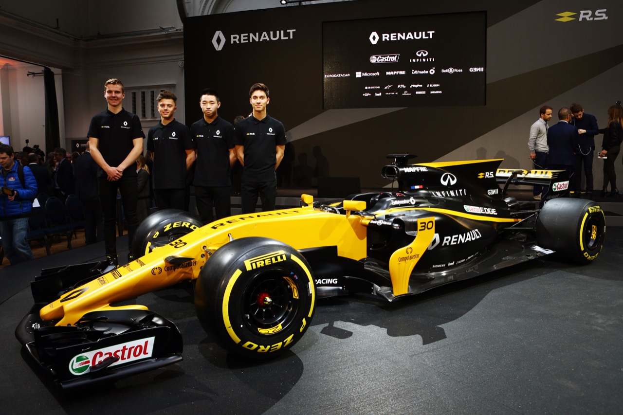 (L to R): Jarno Opmeer (NLD) Renault Sport Academy Driver; Max Fewtrell (GBR) Renault Sport Academy Driver; Sun Yue Yang (CHN) Renault Sport Academy Driver; Jack Aitken (GBR) Renault Sport Academy Driver, with the Renault Sport F1 Team RS17.
21.02.2017.