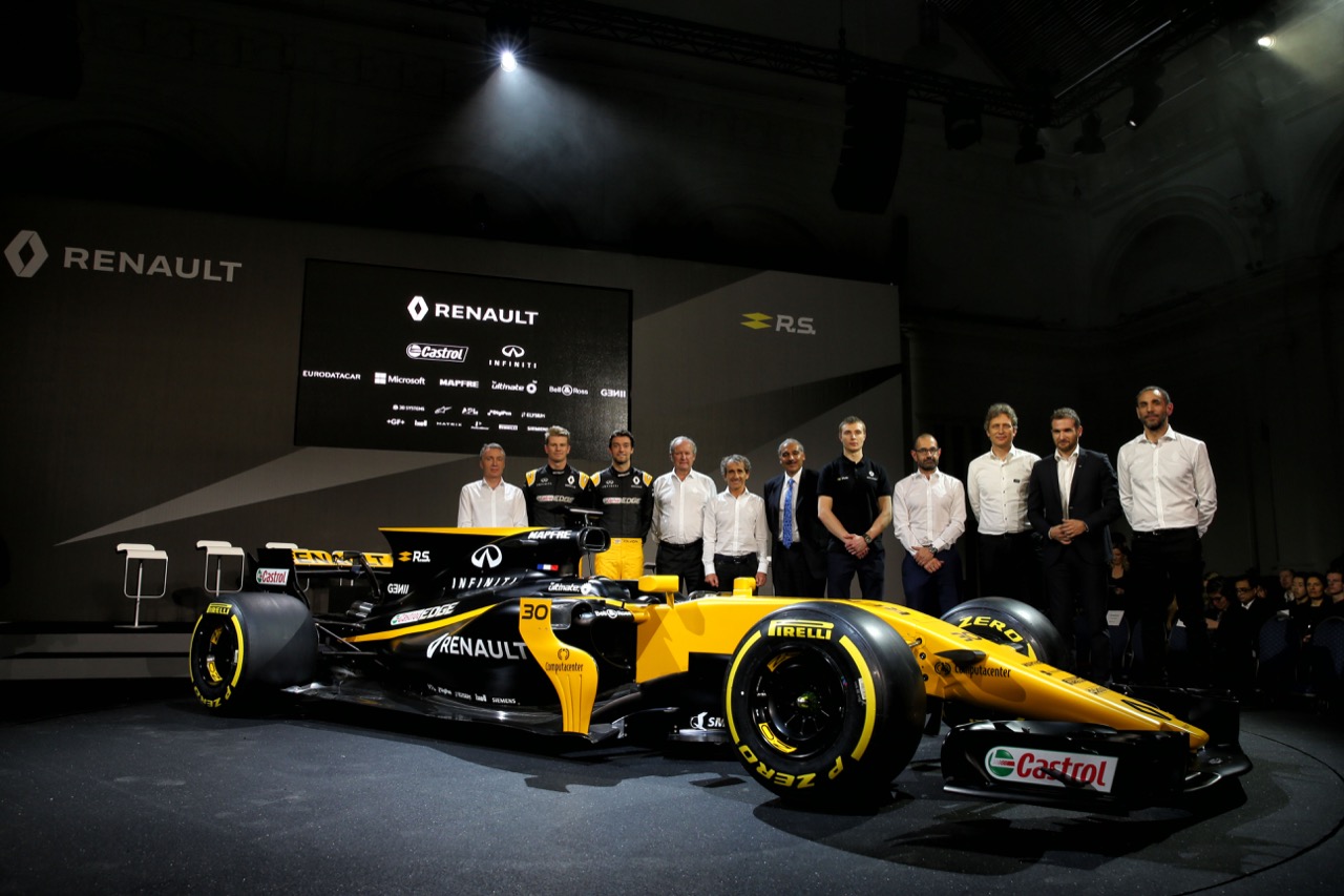 (L to R): Bob Bell (GBR) Renault Sport F1 Team Chief Technical Officer; Nico Hulkenberg (GER) Renault Sport F1 Team; Jolyon Palmer (GBR) Renault Sport F1 Team; Jerome Stoll (FRA) Renault Sport F1 President; Alain Prost (FRA); Mandhir Singh, Castol COO; Sergey Sirotkin (RUS) Renault Sport F1 Team Third Driver; Thierry Koskas, Renault Executive Vice President of Sales and Marketing; Pepijn Richter, Microsoft Director of Product Marketing; Tommaso Volpe, Infiniti Global Director of Motorsport; Cyril Abiteboul (FRA) Renault Sport F1 Managing Director, with the Renault Sport F1 Team RS17.
21.02.2017.