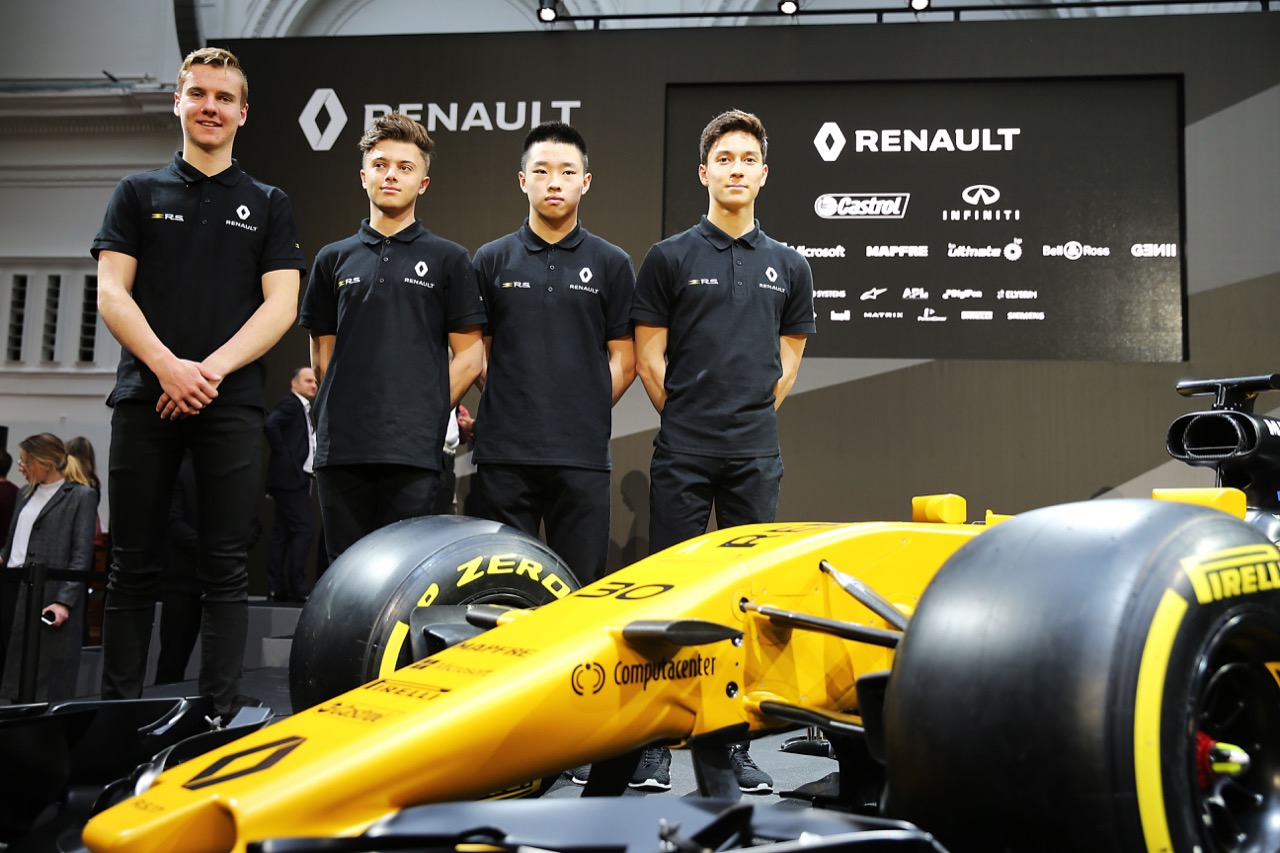(L to R): Jarno Opmeer (NLD) Renault Sport Academy Driver; Max Fewtrell (GBR) Renault Sport Academy Driver; Sun Yue Yang (CHN) Renault Sport Academy Driver; Jack Aitken (GBR) Renault Sport Academy Driver, with the Renault Sport F1 Team RS17.
21.02.2017.