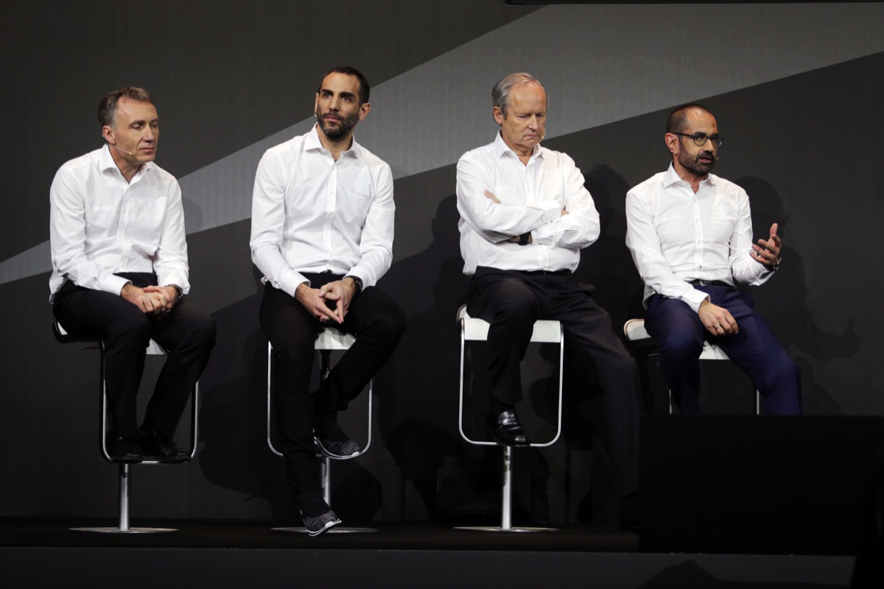 (L to R): Bob Bell (GBR) Renault Sport F1 Team Chief Technical Officer with Cyril Abiteboul (FRA) Renault Sport F1 Managing Director; Jerome Stoll (FRA) Renault Sport F1 President; and Thierry Koskas, Renault Executive Vice President of Sales and Marketing.
21.02.2017.