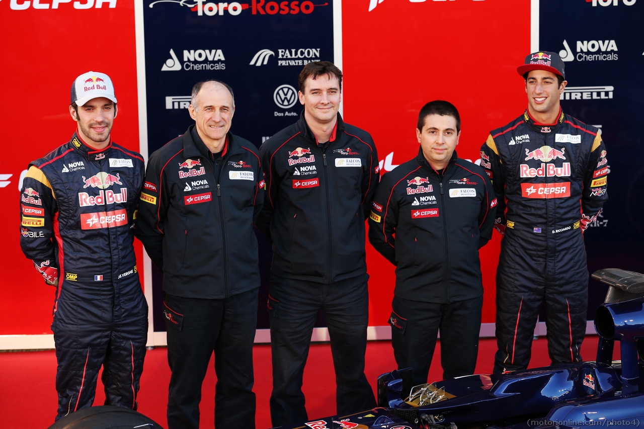 (L to R): Jean-Eric Vergne (FRA) Scuderia Toro Rosso; Franz Tost (AUT) Scuderia Toro Rosso Team Principal; James Key (GBR) Scuderia Toro Rosso Technical Director; Daniel Ricciardo (AUS) Scuderia Toro Rosso, with the new Scuderia Toro Rosso STR8.

