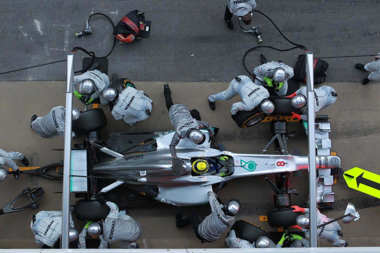 24.02.2012, Barcelona, Spain,
Nico Rosberg (GER), Mercedes AMG Petronas pit stop - Formula 1 Testing, day 4 - Formula 1 World Championship 