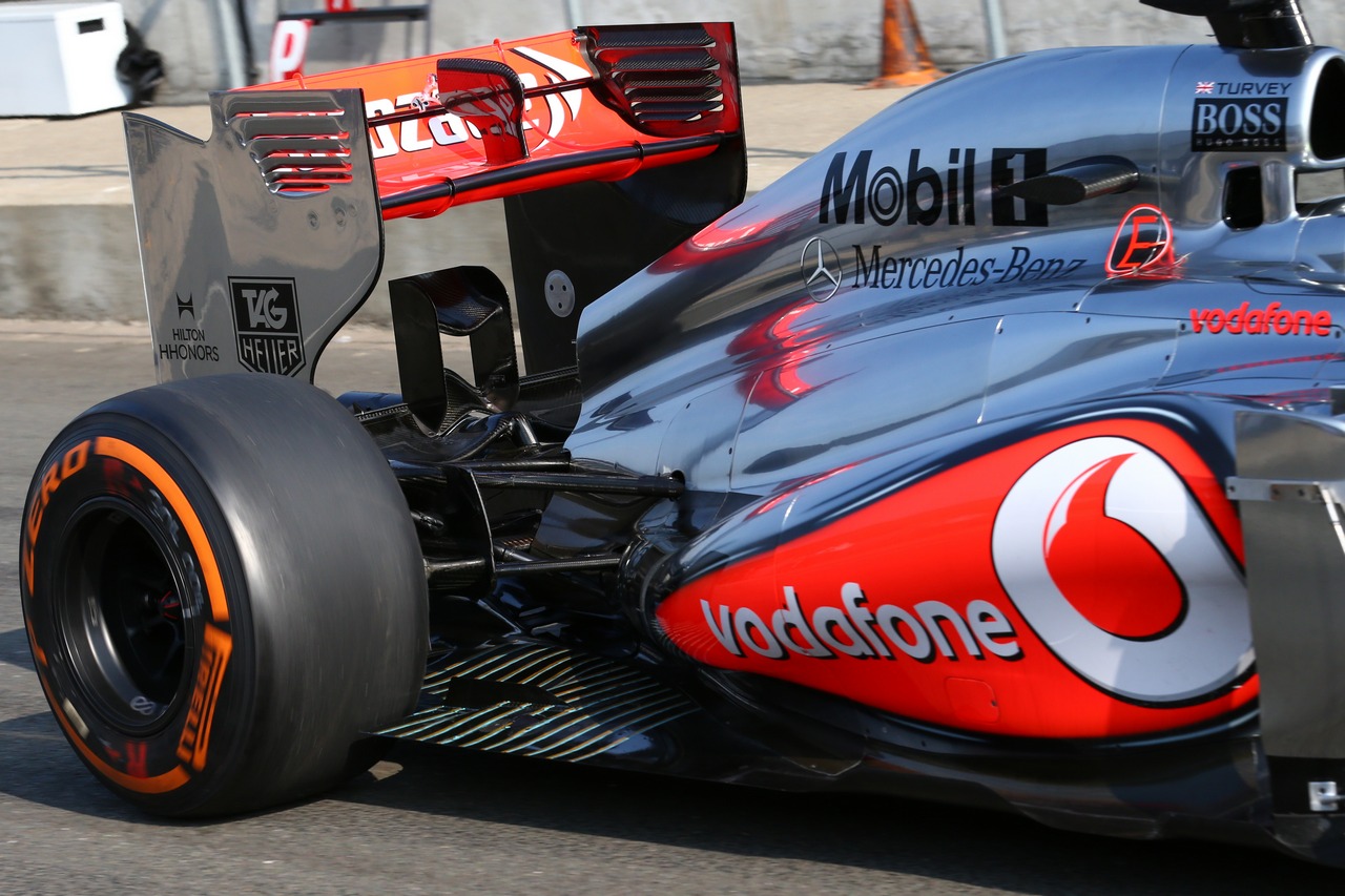 Oliver Turvey (GBR) McLaren McLaren  MP4-28 Test Driver running sensor equipment at the rear exhaust.

