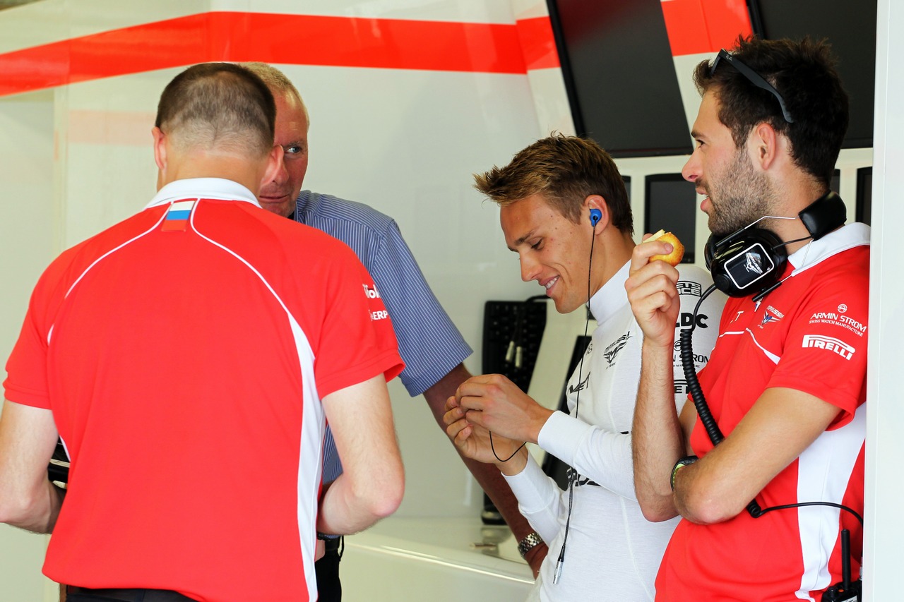 (L to R): John Booth (GBR) Marussia F1 Team Team Principal with Max Chilton (GBR) Marussia F1 Team and Sam Village (GBR) Marussia F1 Team.
