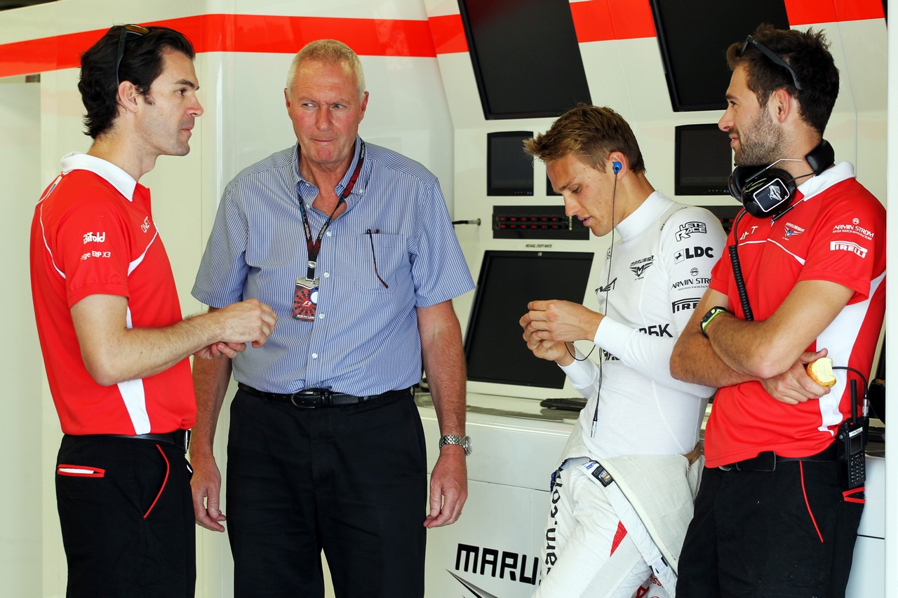 (L to R): Marc Hynes (GBR) Marussia F1 Team Driver Coach with John Booth (GBR) Marussia F1 Team Team Principal, Max Chilton (GBR) Marussia F1 Team MR02 and Sam Village (GBR) Marussia F1 Team.
