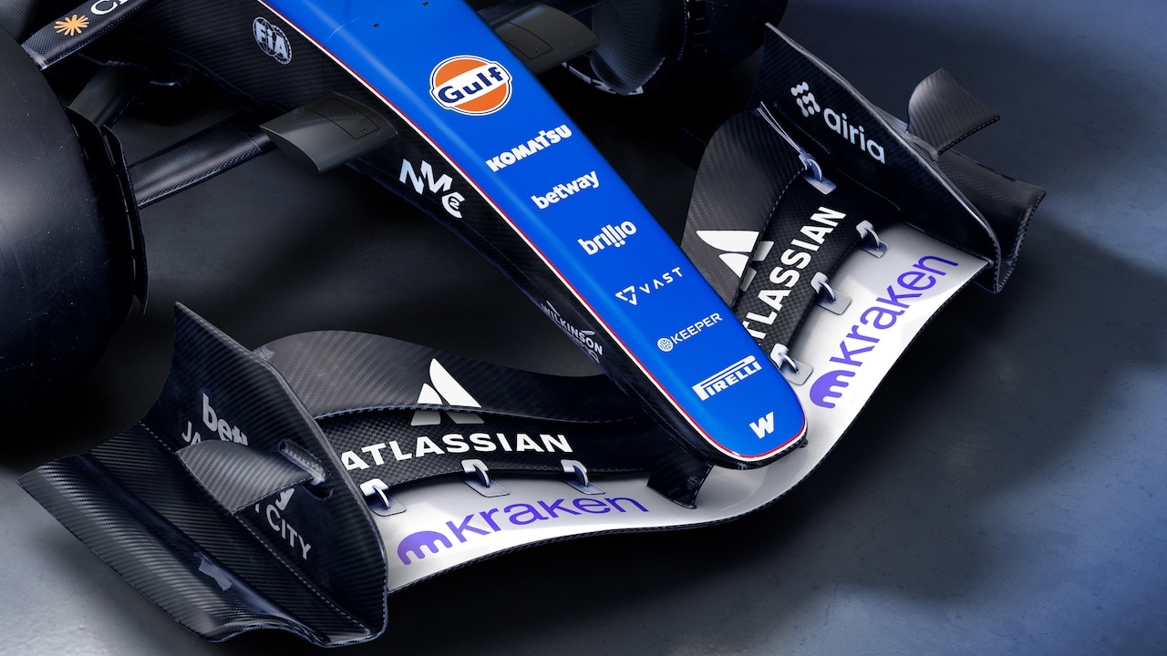 WANTAGE, ENGLAND - FEBRUARY 03: Front wing detail of the Williams FW48 Mercedes during the Atlassian Williams F1 Team Launch on February 03, 2026 in Wantage, England.  (Photo by Atlassian Williams F1 Team)
