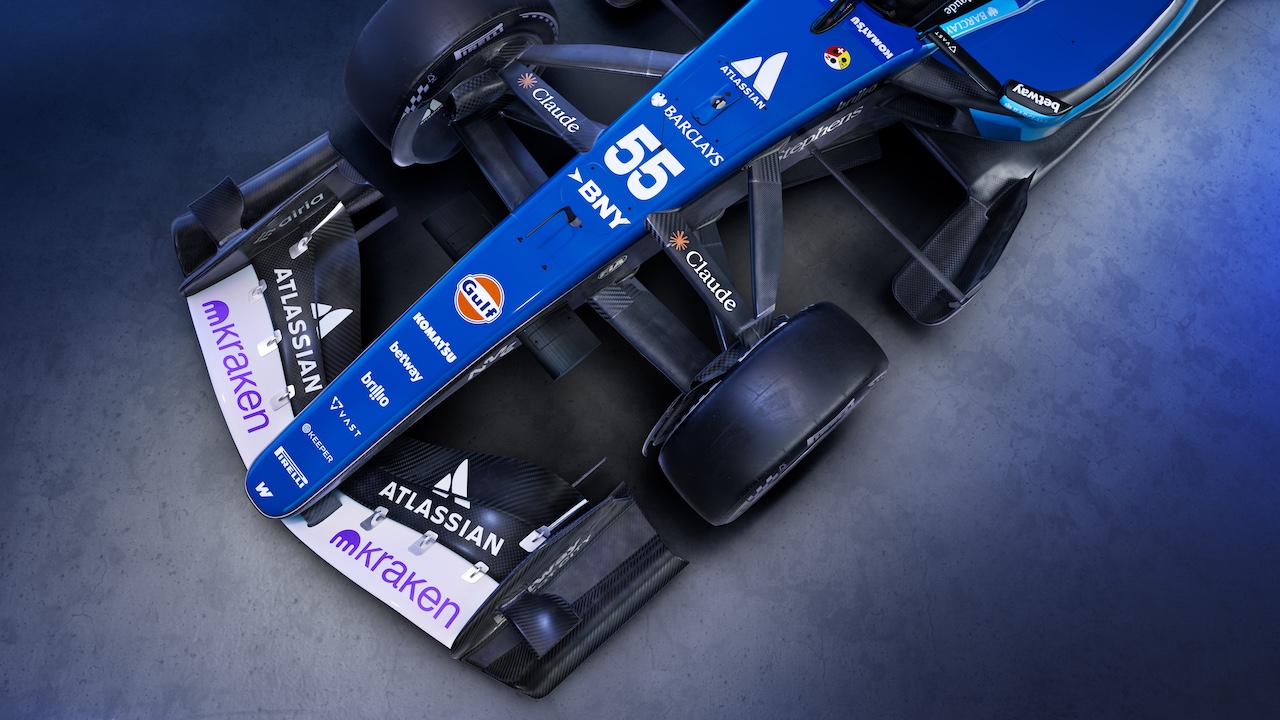 WANTAGE, ENGLAND - FEBRUARY 03: A detailed view of the nose of the Williams FW48 Mercedes of Carlos Sainz during the Atlassian Williams F1 Team Launch on February 03, 2026 in Wantage, England.  (Photo by Atlassian Williams F1 Team)