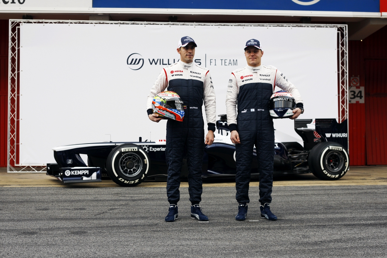 (L to R): Pastor Maldonado (VEN) Williams and team mate Valtteri Bottas (FIN) Williams unveil the new Williams FW35.
