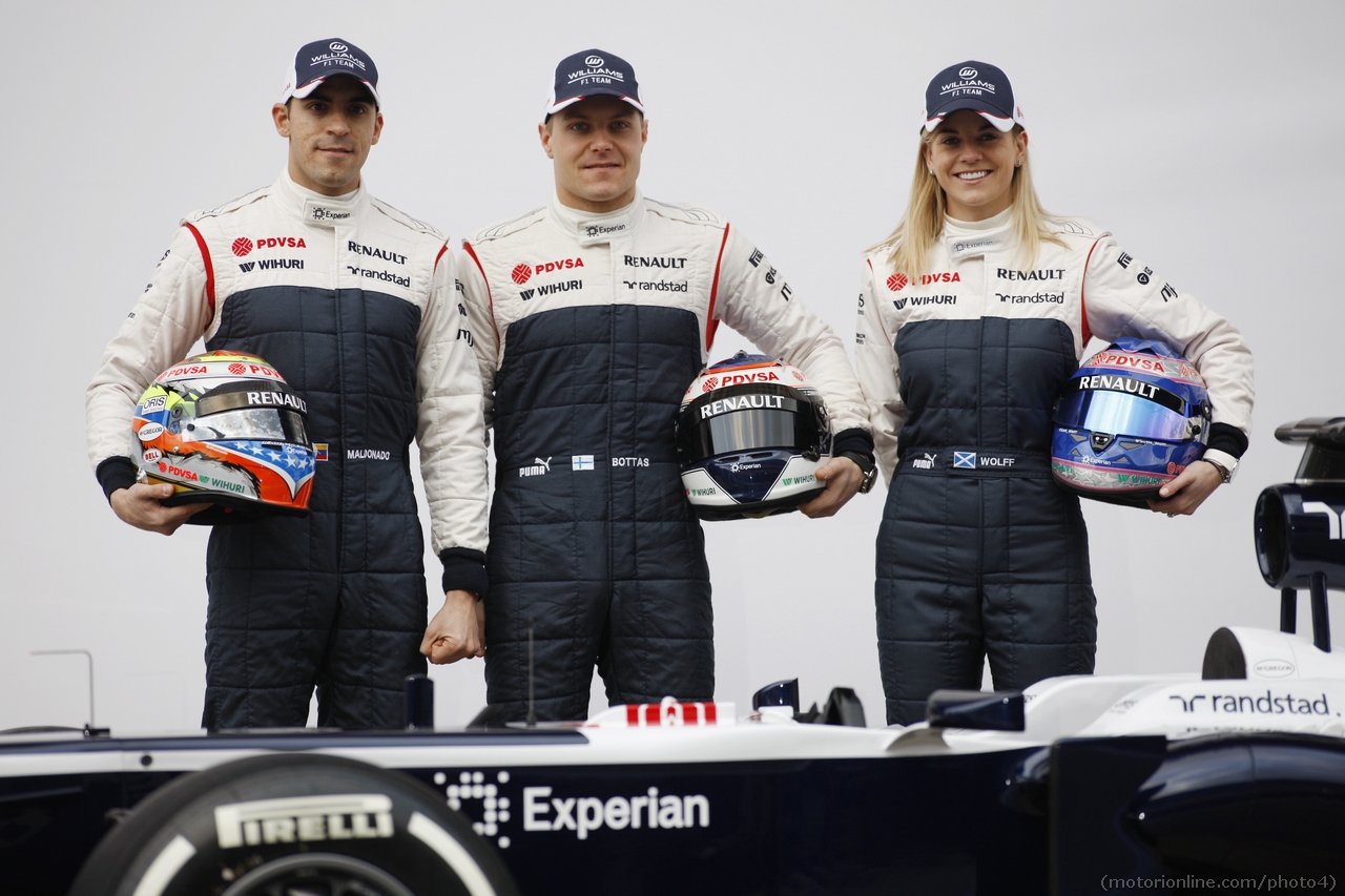 (L to R): Pastor Maldonado (VEN) Williams with team mate Valtteri Bottas (FIN) Williams and Susie Wolff (GBR) Williams Development Driver.
