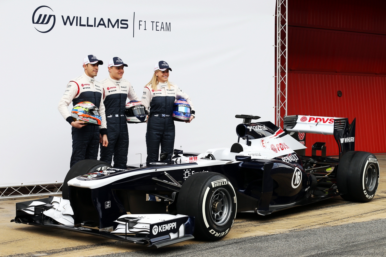 (L to R): Pastor Maldonado (VEN) Williams, team mate Valtteri Bottas (FIN) Williams and Susie Wolff (GBR) Williams Development Driver with the new Williams FW35.
