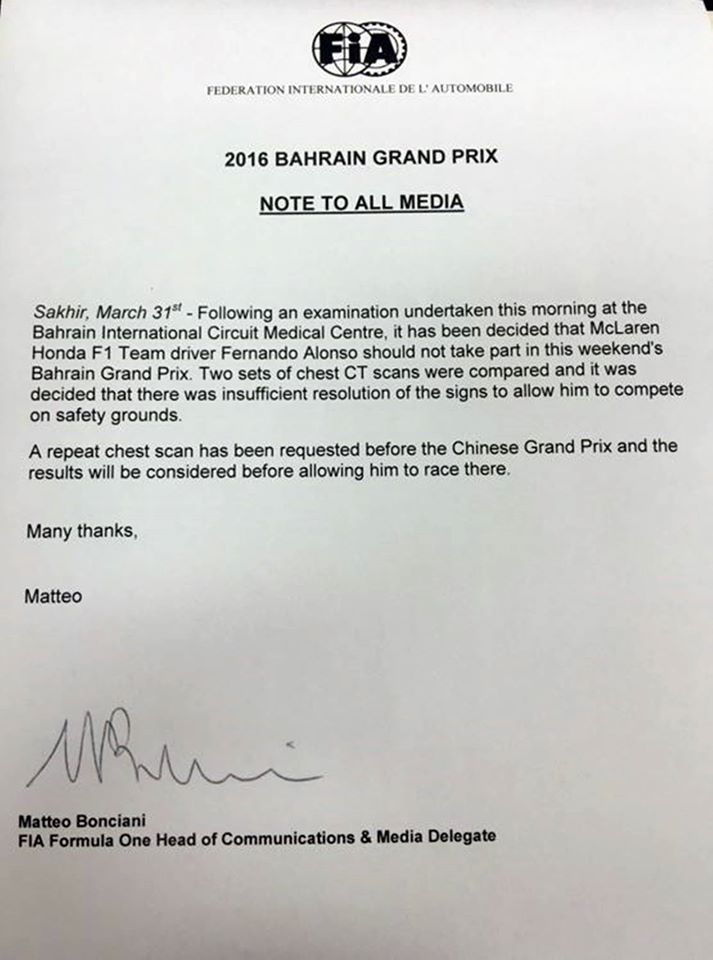 Fernando Alonso non correrà il GP del Bahrain, lo spagnolo non ha avuto l’ok dai medici