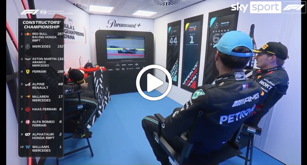 F1 | GP Spagna, il retropodio con Verstappen, Hamilton e Russell [VIDEO]