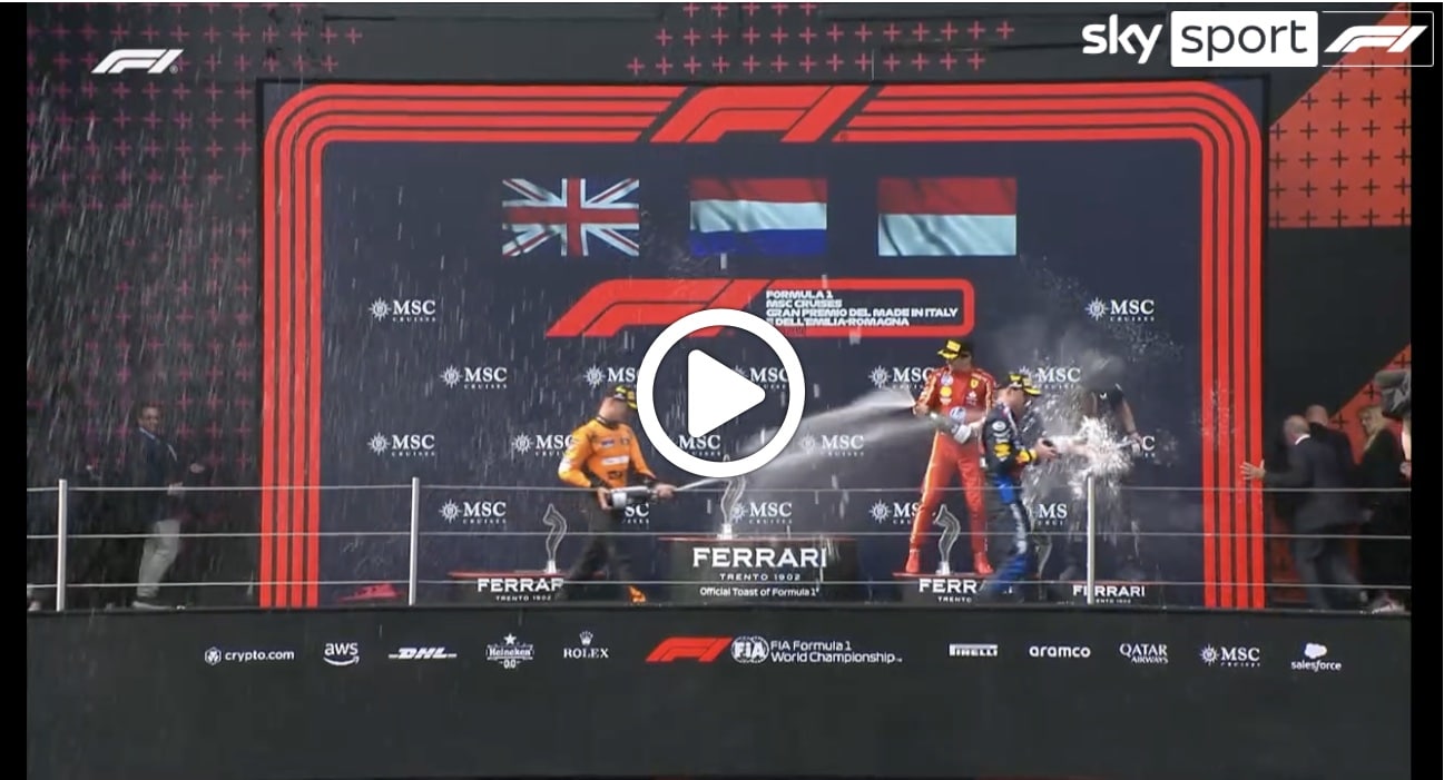 Formula 1 | GP Imola, la festa sul podio di Verstappen, Norris e Leclerc [VIDEO]